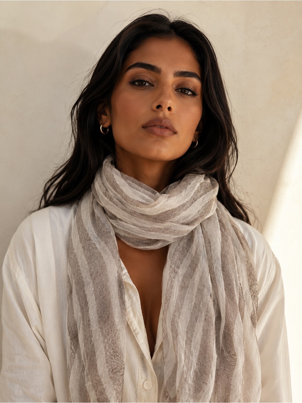 ADEAM Ivory Taupe Abstract Sheer Scarf 19” x 72” NWOT MSRP $425